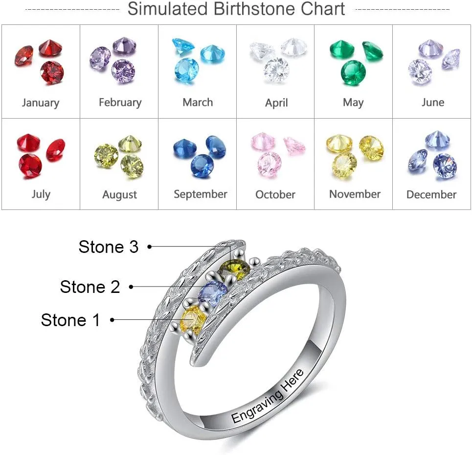 JewelOra Personalized Family Mothers Rings with 3 Simulated Birthstones Customized Name Rings for Women Engraved Name Anniversary Rings for Grandma