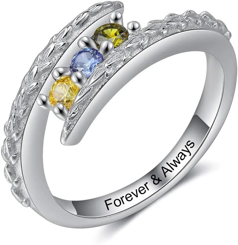 JewelOra Personalized Family Mothers Rings with 3 Simulated Birthstones Customized Name Rings for Women Engraved Name Anniversary Rings for Grandma