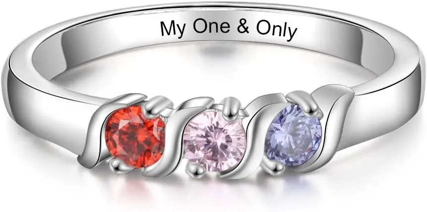 JewelOra Personalized Family Mothers Rings with 3 Simulated Birthstones Engraved Names Anniversary Rings for Grandma