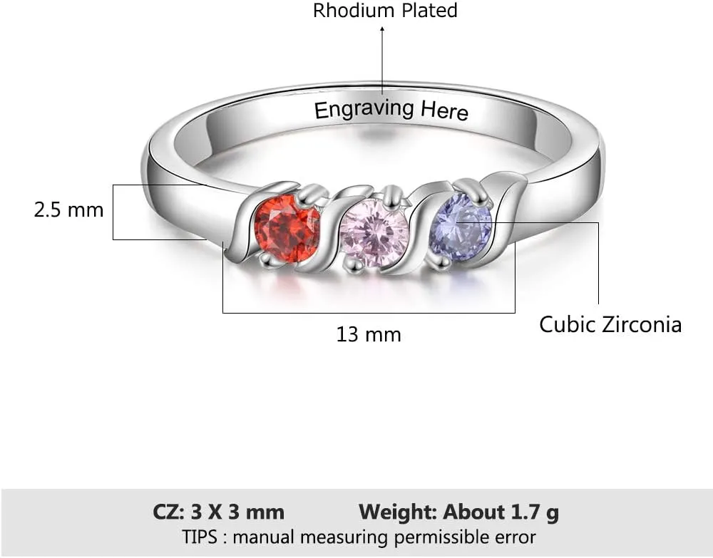 JewelOra Personalized Family Mothers Rings with 3 Simulated Birthstones Engraved Names Anniversary Rings for Grandma