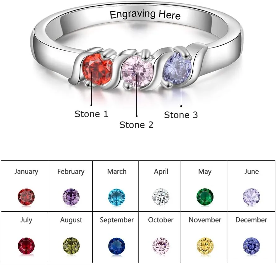 JewelOra Personalized Family Mothers Rings with 3 Simulated Birthstones Engraved Names Anniversary Rings for Grandma