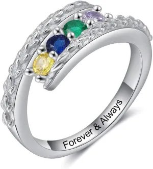 JewelOra Personalized Family Mothers Rings with 4 Simulated Birthstones Customized Name Rings for Women Grandma