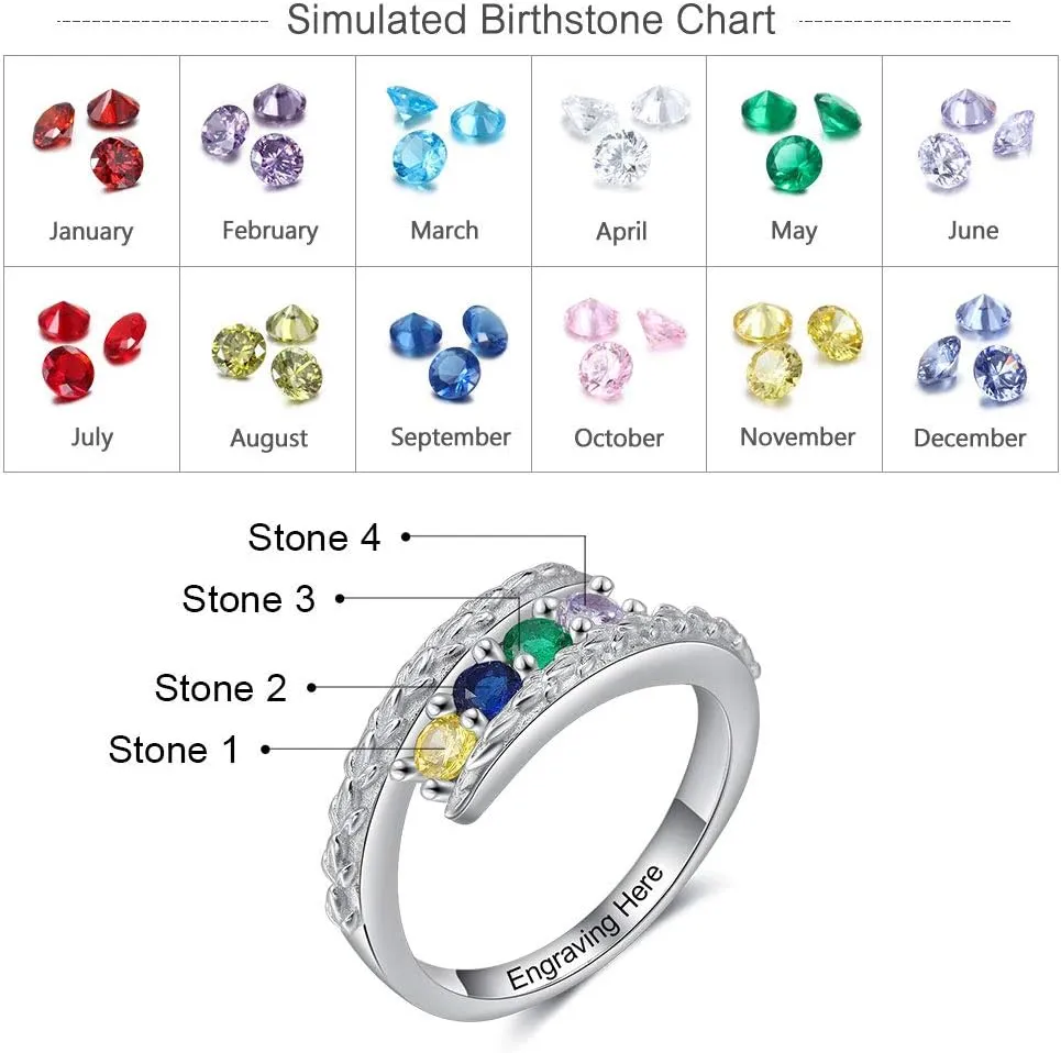 JewelOra Personalized Family Mothers Rings with 4 Simulated Birthstones Customized Name Rings for Women Grandma