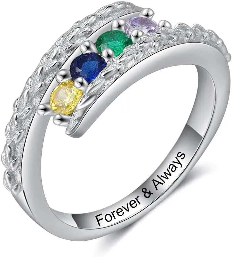 JewelOra Personalized Family Mothers Rings with 4 Simulated Birthstones Customized Name Rings for Women Grandma