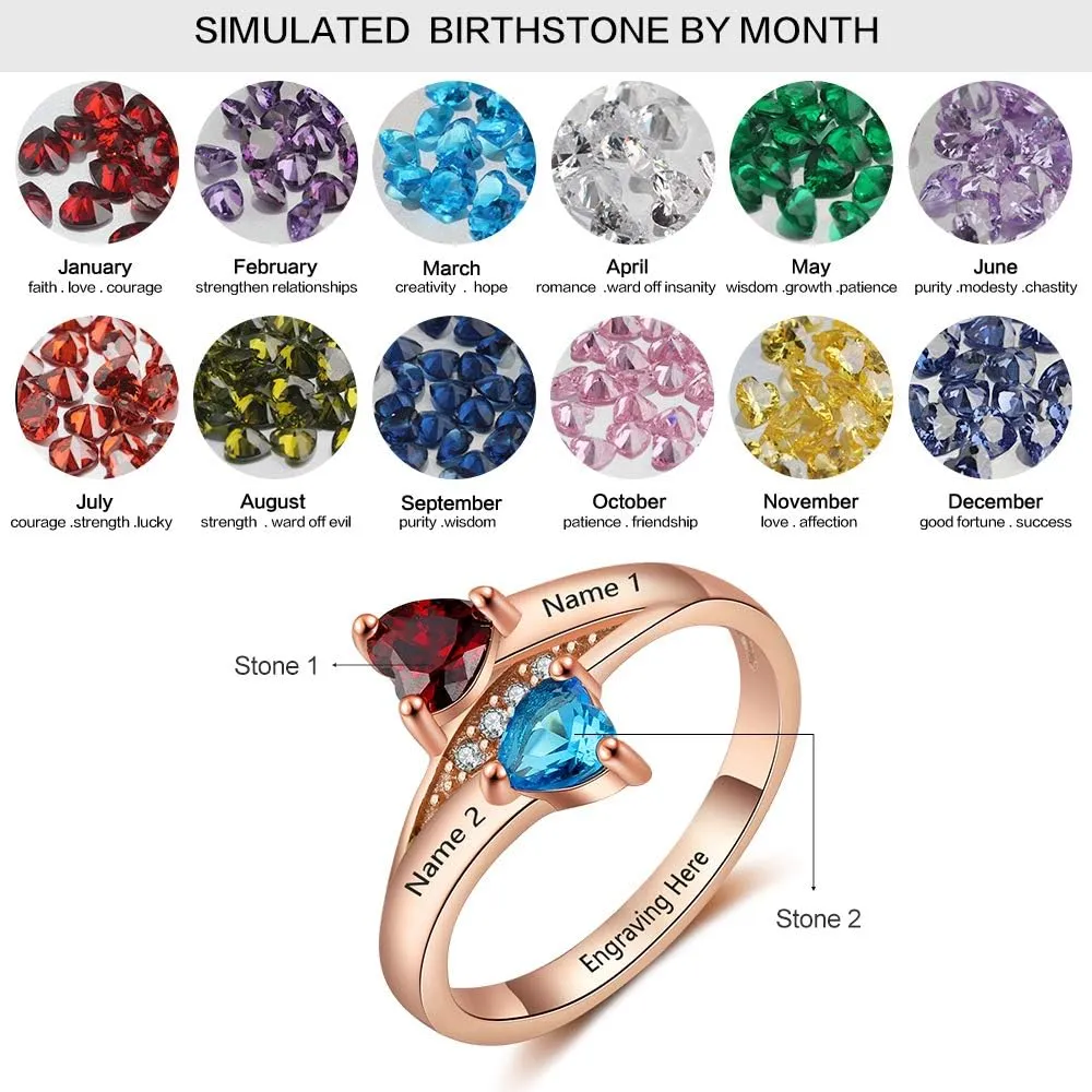 JewelOra Personalized Promise Rings for Her with 2 Heart Simulated Birthstones Engagement Wedding Name Rings for Girlfriend