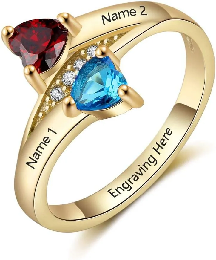JewelOra Personalized Promise Rings for Her with 2 Heart Simulated Birthstones Engagement Wedding Name Rings for Girlfriend