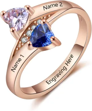 JewelOra Personalized Promise Rings for Her with 2 Heart Simulated Birthstones Engagement Wedding Name Rings for Girlfriend