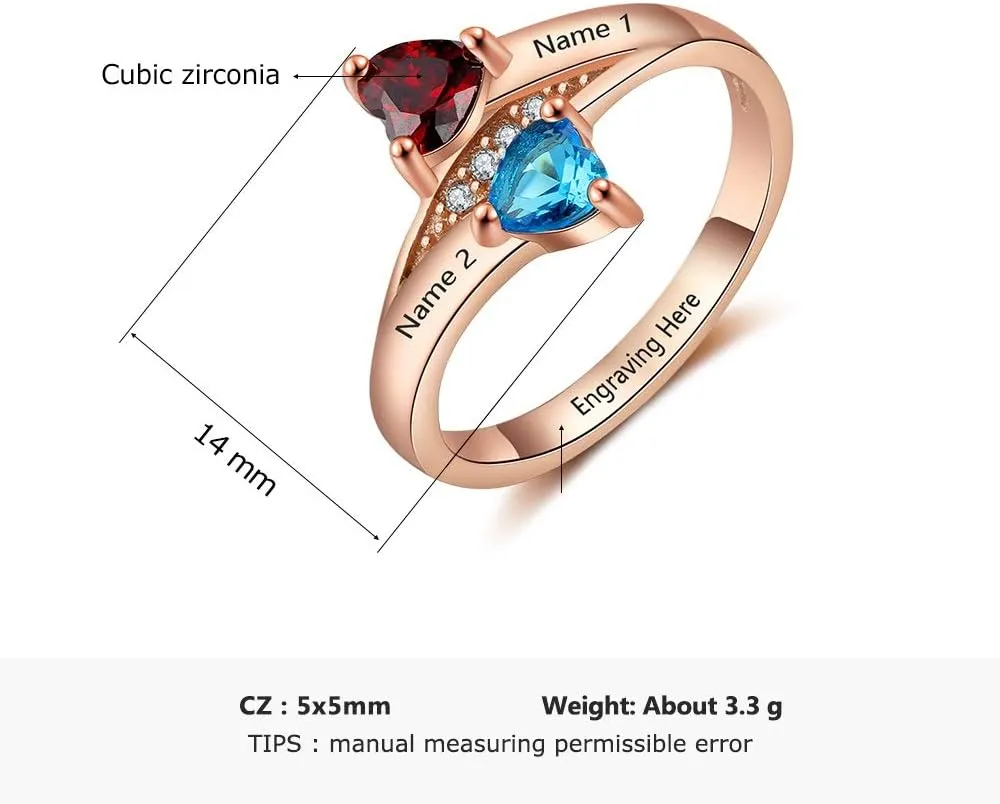 JewelOra Personalized Promise Rings for Her with 2 Heart Simulated Birthstones Engagement Wedding Name Rings for Girlfriend