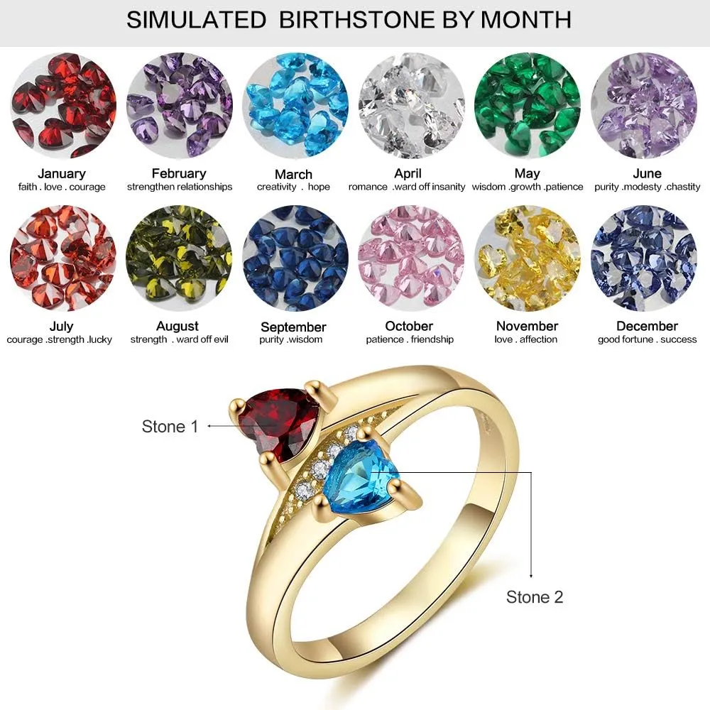 JewelOra Personalized Promise Rings for Her with 2 Heart Simulated Birthstones Engagement Wedding Name Rings for Girlfriend