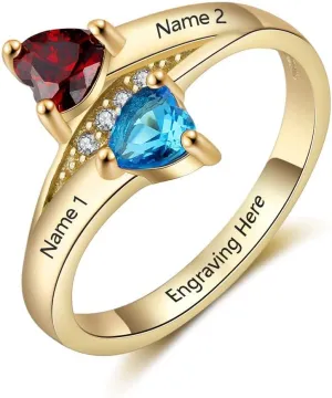 JewelOra Personalized Promise Rings for Her with 2 Heart Simulated Birthstones Engagement Wedding Name Rings for Girlfriend