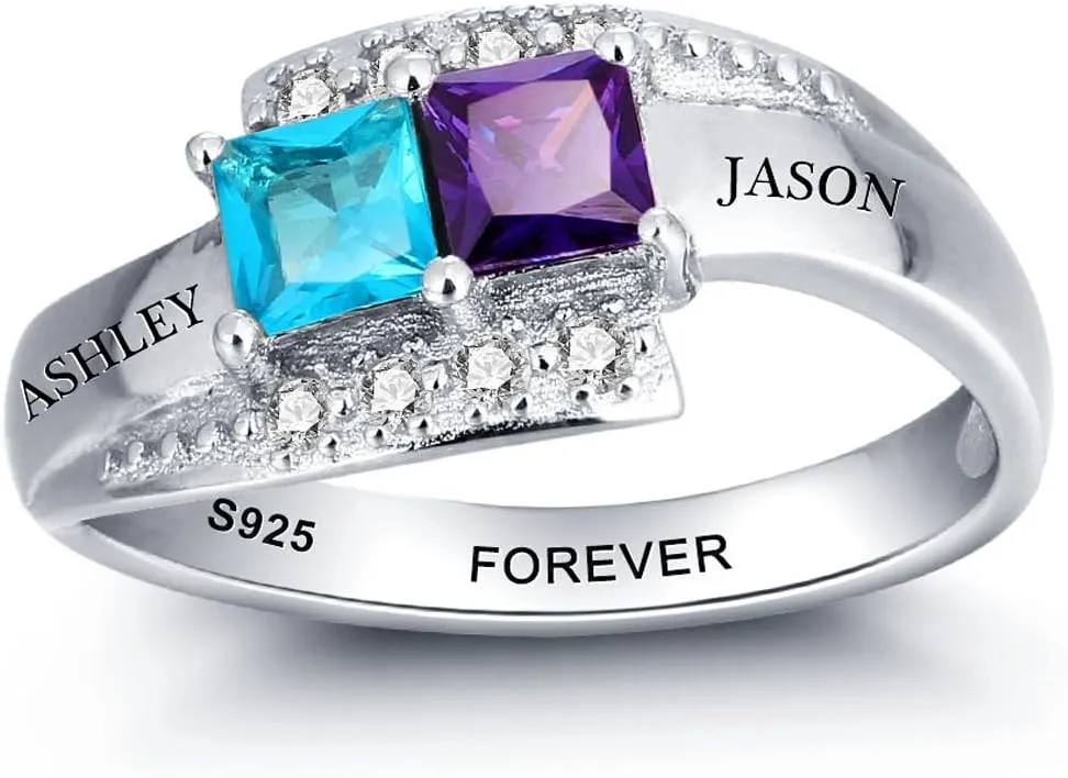 JewelOra Personalized Promise Rings for Her with 2 Simulated Birthstones Name Rings for Mother Wedding Engagement Band