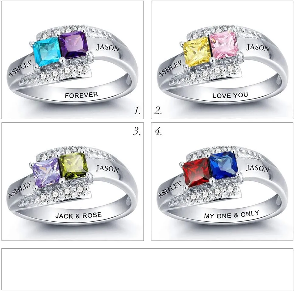 JewelOra Personalized Promise Rings for Her with 2 Simulated Birthstones Name Rings for Mother Wedding Engagement Band