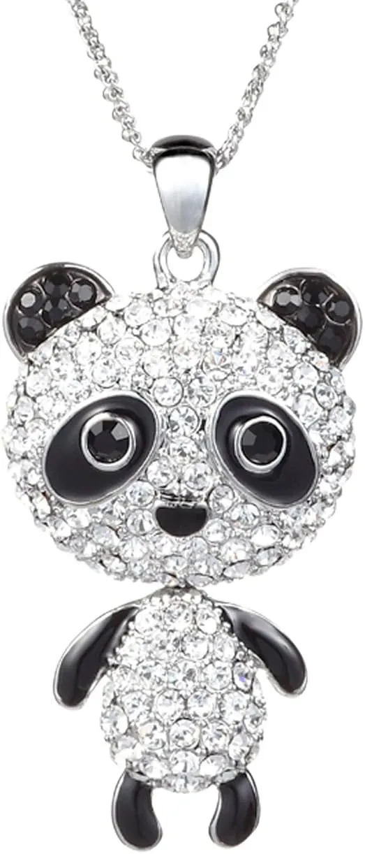 Jewelry Platinum Plated Long Panda Pendant Sweater Necklace Fully Studded with Rhinestones 30"