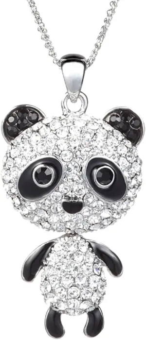 Jewelry Platinum Plated Long Panda Pendant Sweater Necklace Fully Studded with Rhinestones 30"