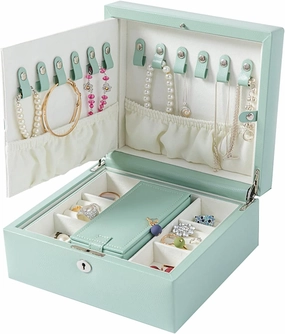Jewelry Box Organizer 2 Tier Large Capacity Jewelry Box Pu Leather Jewelry Organizer with Mirror & Lock, Earring Ring Necklace Storage Box Gift for G