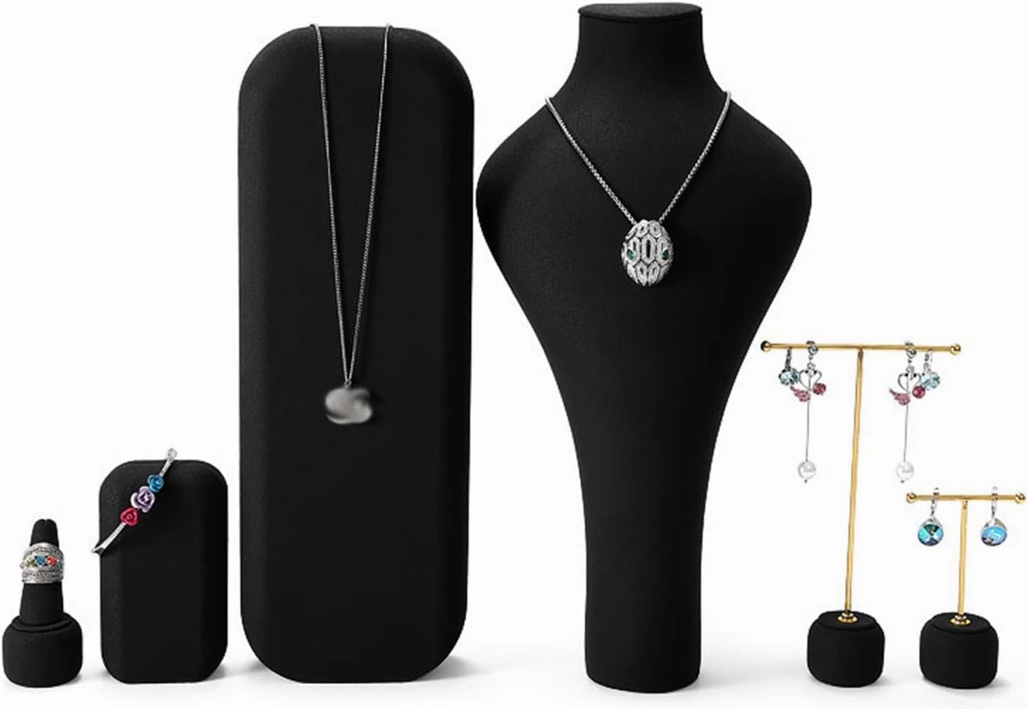 Jewelry Holder Black Velvet Combination Bust Set to Display Jewelry Necklace, Bracelet, Earring, Pendants and Rings, Necklace Bust Jewelry Bust Display Holder Stand, 6 Pcs Jewelry Display St