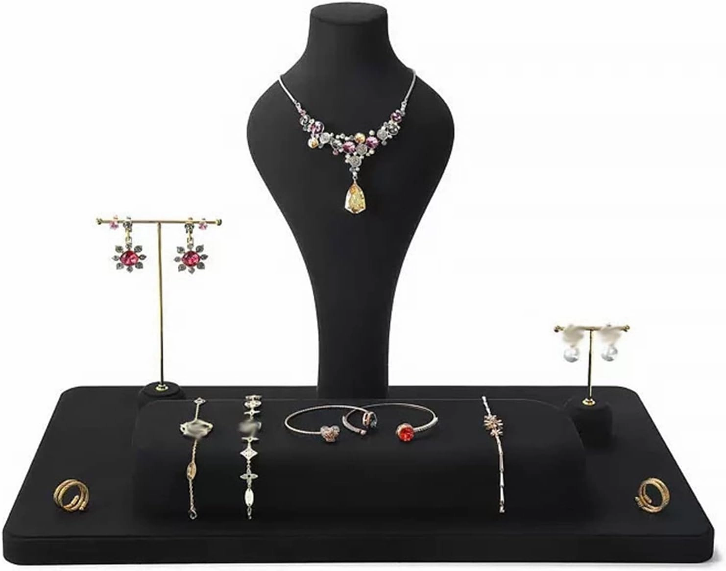 Jewelry Holder Stand 5 Piece Black Velvet Combination Bust Set to Display Jewelry Necklace, Bracelet, Earring, Pendants and Ring for Retail Jewelry Store and Home Jewelry Display