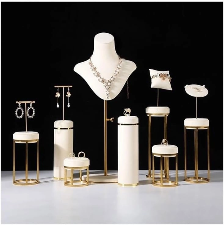 Jewelry Holder Stand Beige Velvet Metal Series Window Necklace Display Stand Jewelry Bracelets Rings Earrings Display Stand Jewelry Display
