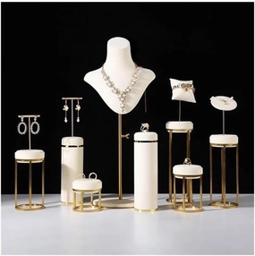 Jewelry Holder Stand Beige Velvet Metal Series Window Necklace Display Stand Jewelry Bracelets Rings Earrings Display Stand Jewelry Display