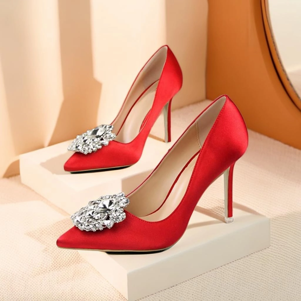 JOEupin Womens Rhinestone Satin Pumps Evening Party High Heel Pumps Wedding Bridal Stilettos Shoes