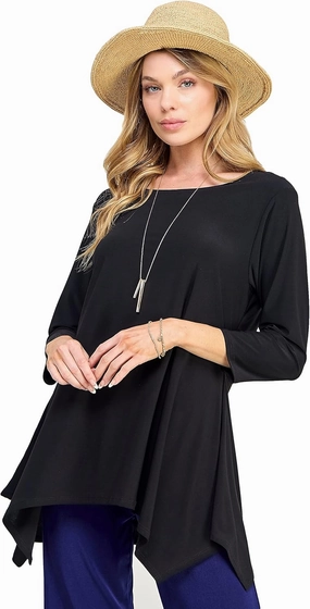 Jostar Women's Casual Tunic Top – 3/4 Sleeve Handkerchief Hem Flowy Round Neck Soft Blouse T Shirt 3088HT-QRS1-BLK XL Black