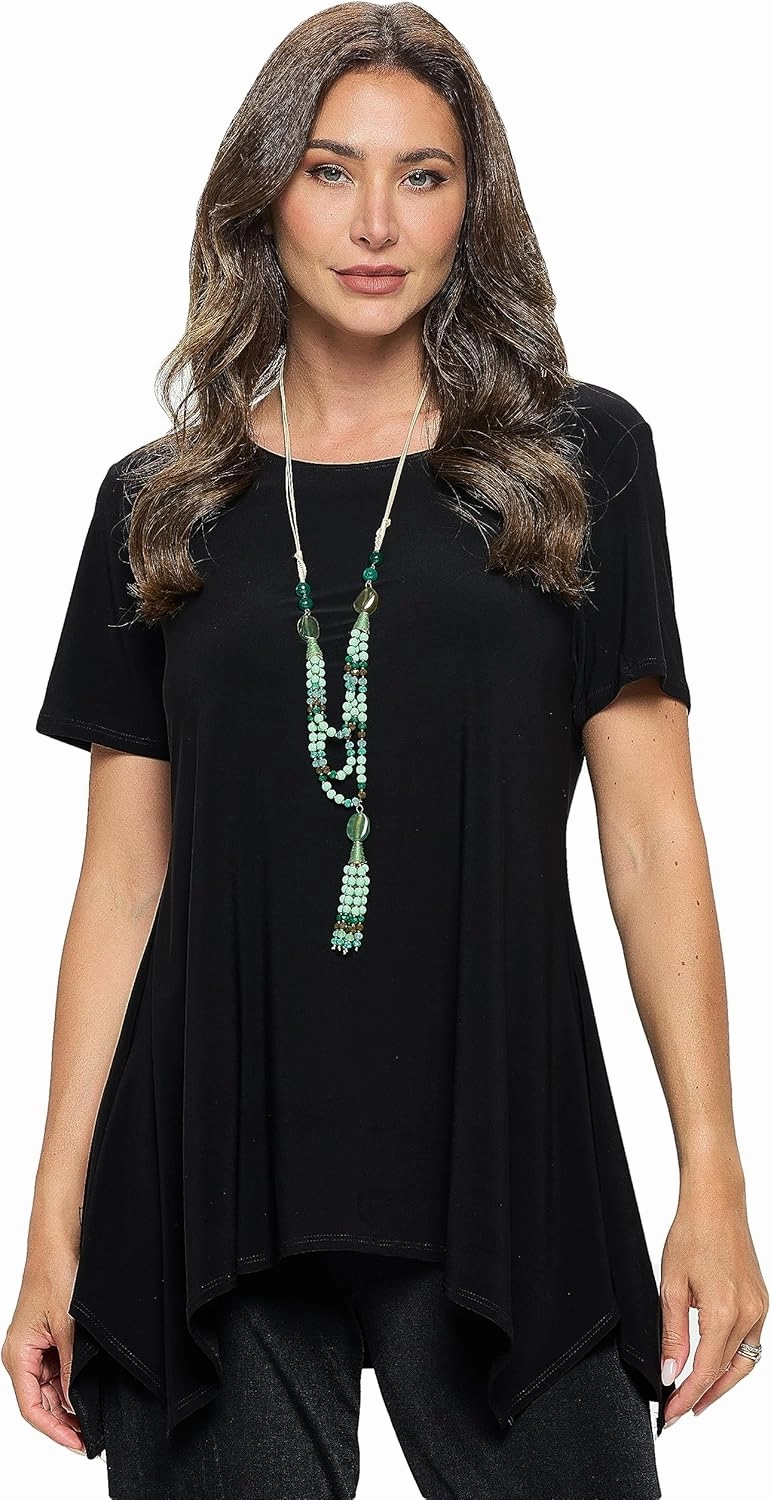 Jostar Women's Casual Tunic Top – Short Sleeve Handkerchief Hem Flowy Round Neck Soft Blouse T Shirt