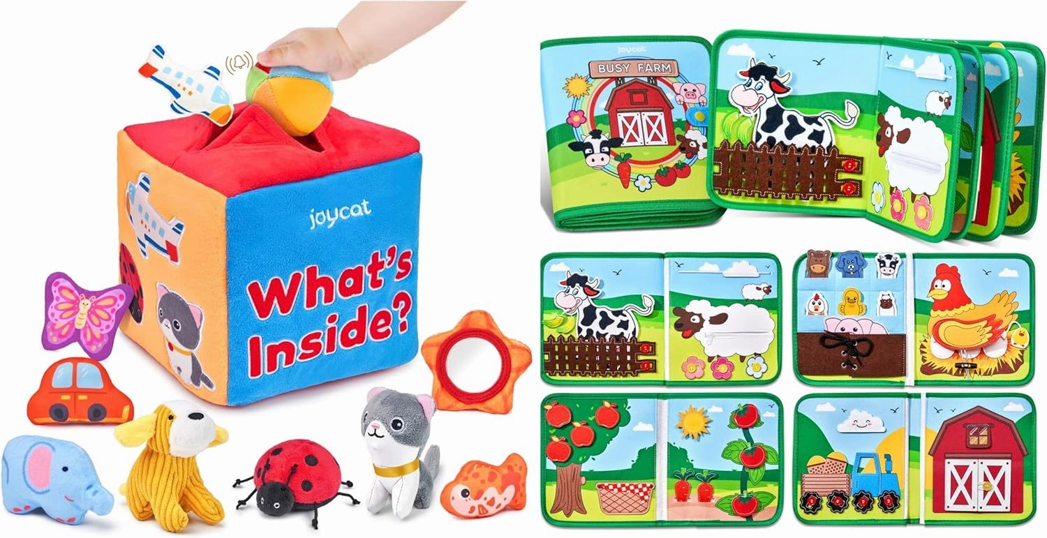 JoyCat Farm Animal Busy Book Baby Toys 0-6 Months - Mystery Soft Baby Toys- Montessori Toys for Babies, Infant Baby Sensory Toys 6-12 Months - What's Inside Box Rattle Toys Baby Tissue Box Toy