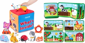 JoyCat Farm Animal Busy Book Baby Toys 0-6 Months - Mystery Soft Baby Toys- Montessori Toys for Babies, Infant Baby Sensory Toys 6-12 Months - What's Inside Box Rattle Toys Baby Tissue Box Toy