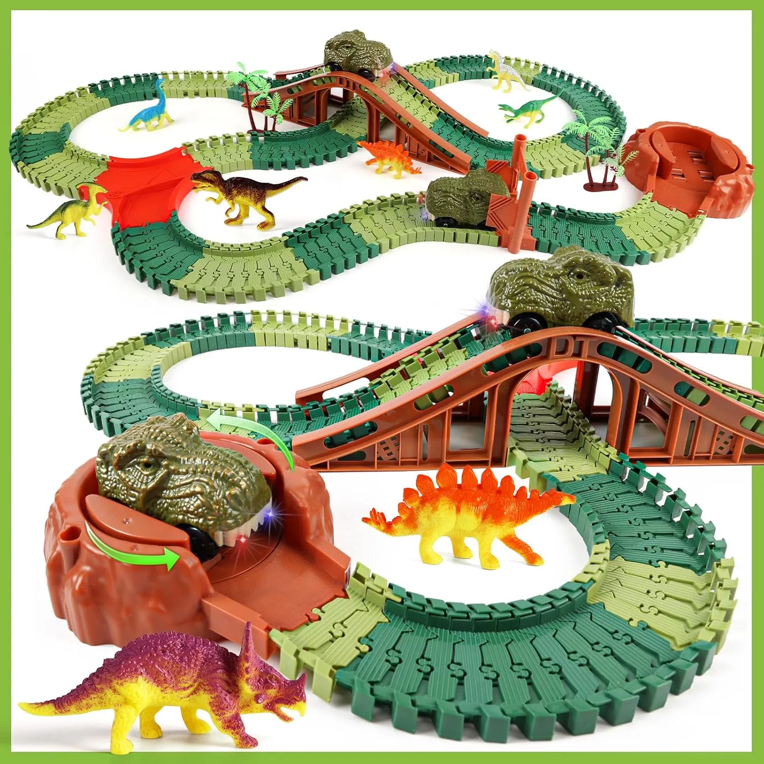 Jurassic Dinosaur Toys Race Car Track for Boys Age 4-7 Dinosaur World Road Race - Flexible Train Track Playset with 2 Cars and 8 Dinos-Todder Kids Best Gifts Ideas 3 5 6 Years Old (220 pcs) DDAI