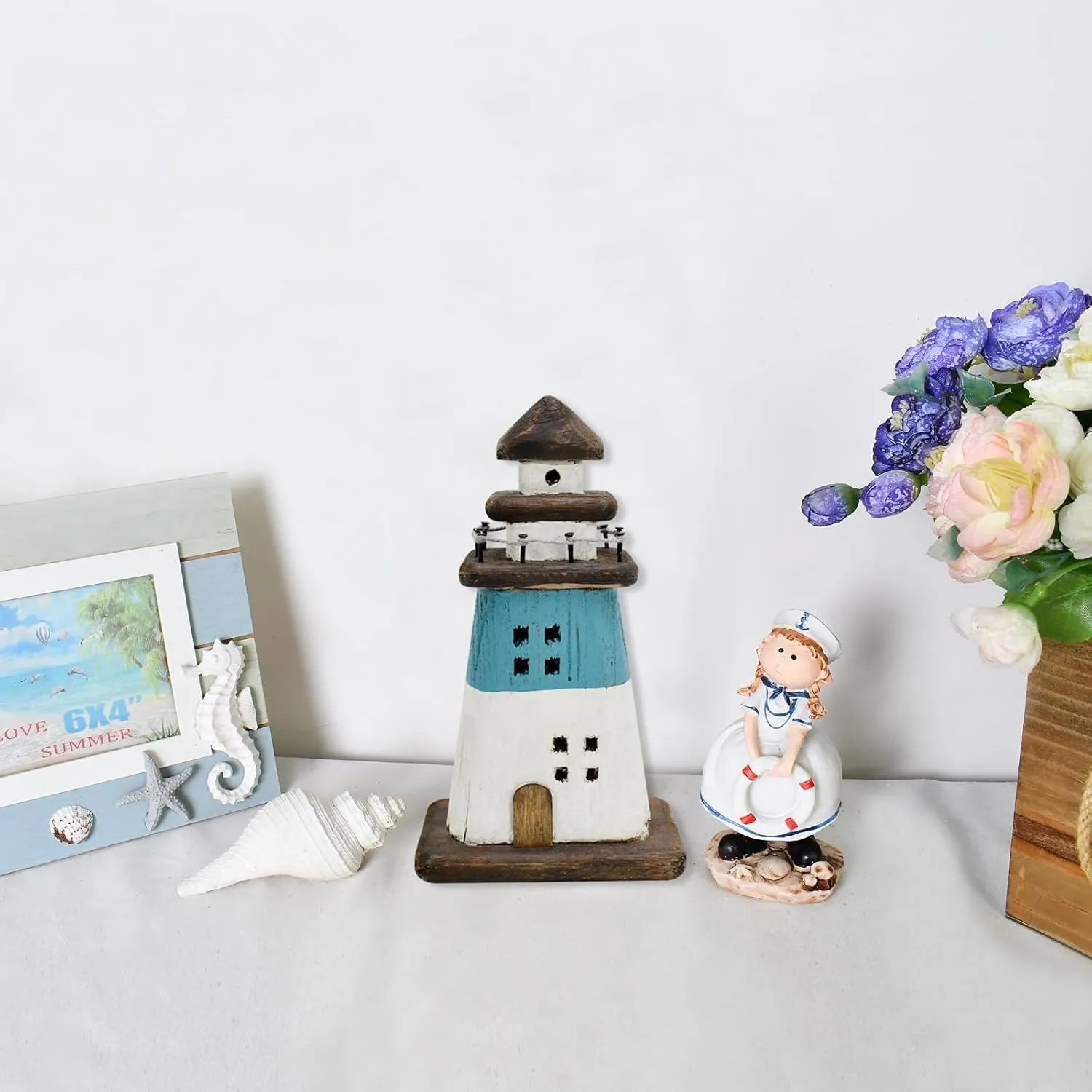 K KILIPES Beach Lighthouse for Bathroom Nautical Home Decor, 7.5" H Wood Light House Hand Crafted Sculpture Tabletop Coastal Centerpiece Ocean Decorations