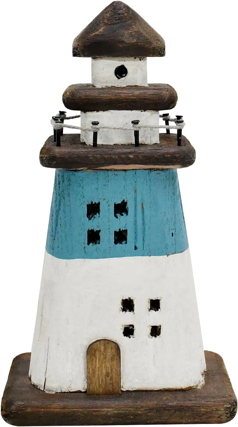 K KILIPES Beach Lighthouse for Bathroom Nautical Home Decor, 7.5" H Wood Light House Hand Crafted Sculpture Tabletop Coastal Centerpiece Ocean Decorations