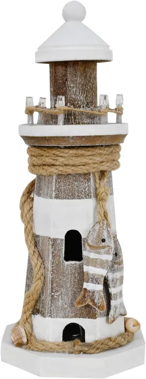 K KILIPES Beach Lighthouse for Bathroom Nautical Home Decor, 9" H LED Lighted Wood Light House Table Ornament Coastal Centerpiece Sculpture Ocean Decoration