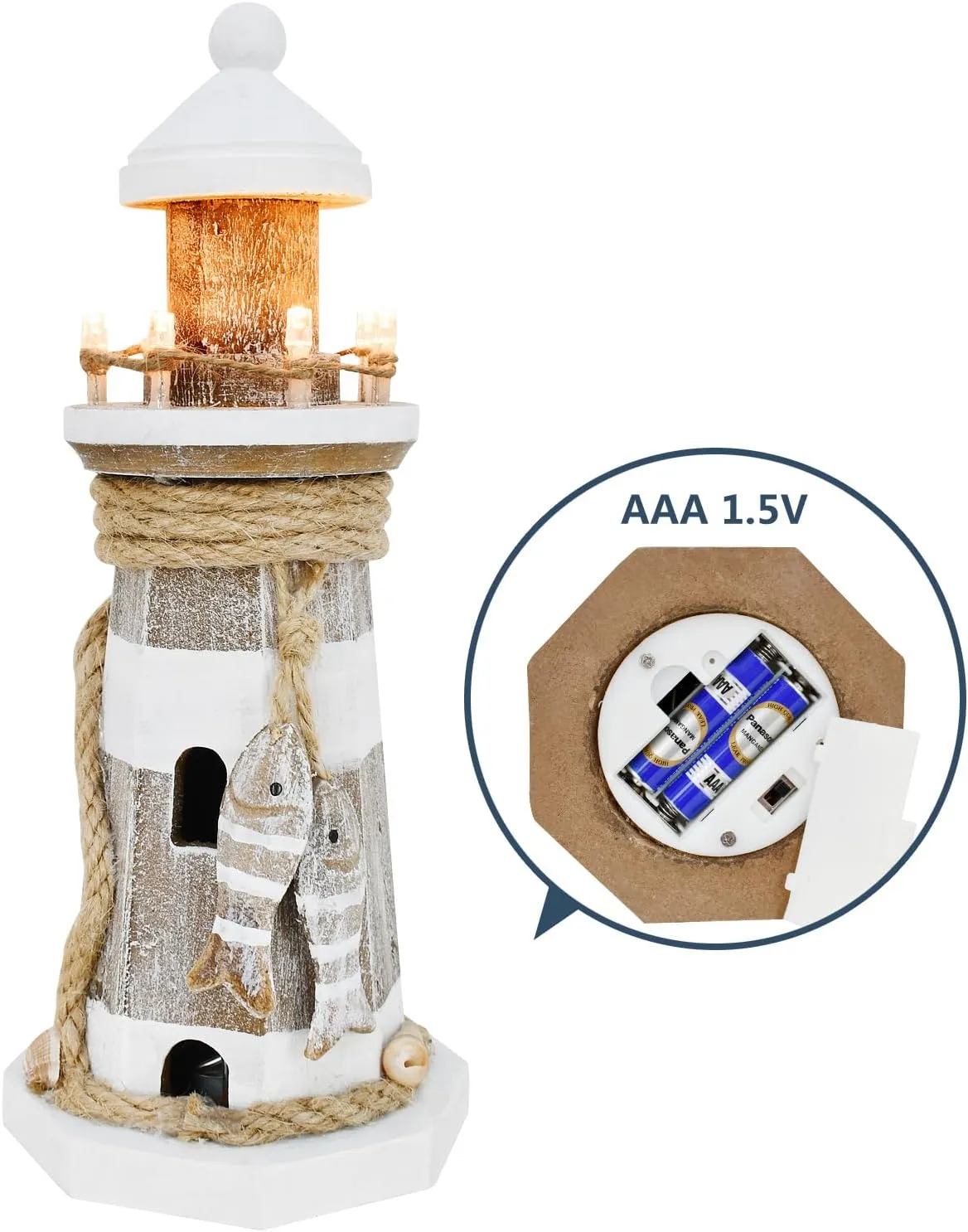 K KILIPES Beach Lighthouse for Bathroom Nautical Home Decor, 9" H LED Lighted Wood Light House Table Ornament Coastal Centerpiece Sculpture Ocean Decoration