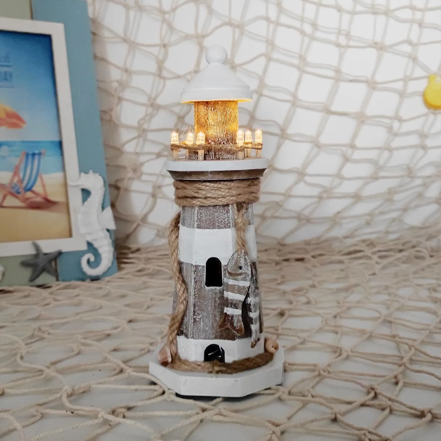 K KILIPES Beach Lighthouse for Bathroom Nautical Home Decor, 9" H LED Lighted Wood Light House Table Ornament Coastal Centerpiece Sculpture Ocean Decoration