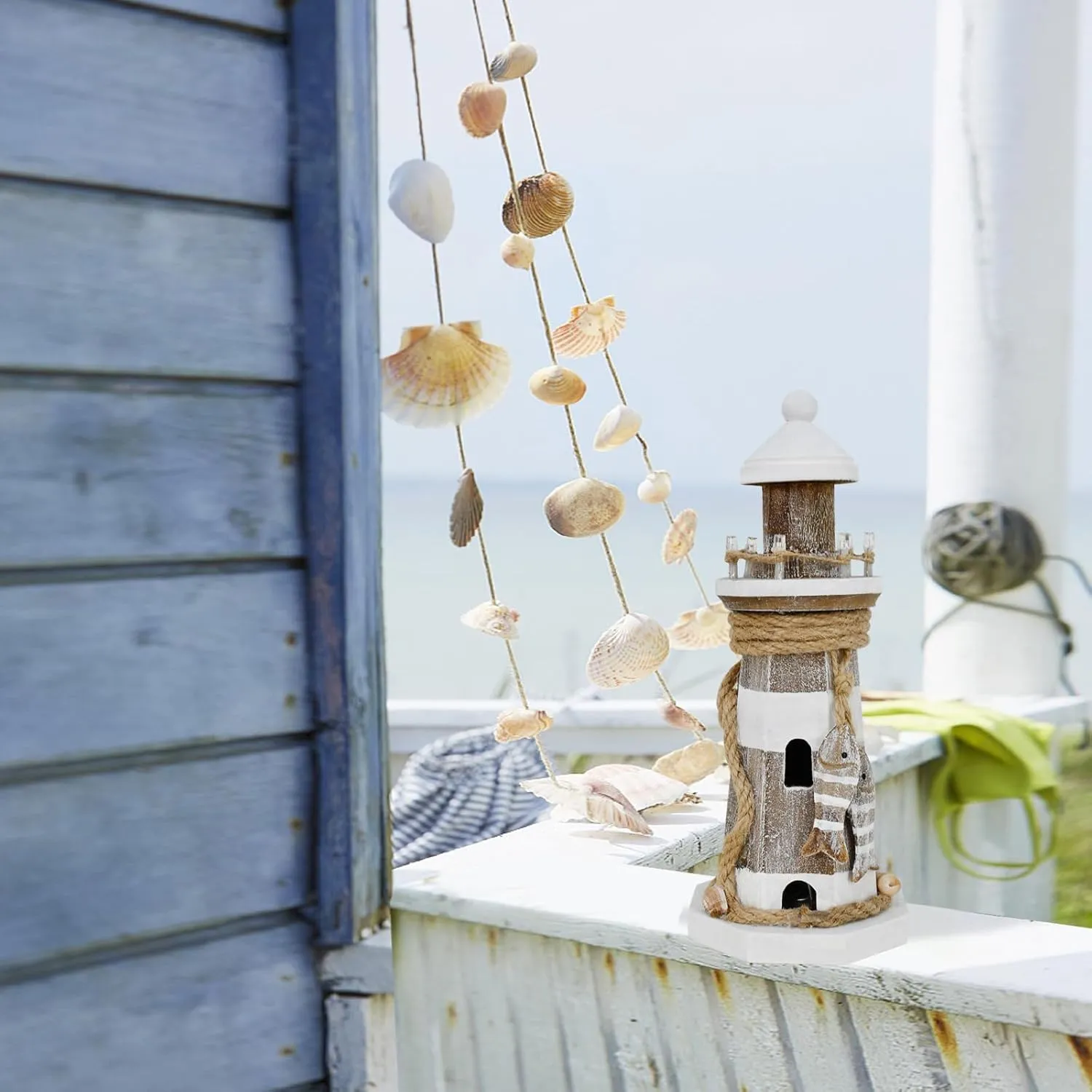 K KILIPES Beach Lighthouse for Bathroom Nautical Home Decor, 9" H LED Lighted Wood Light House Table Ornament Coastal Centerpiece Sculpture Ocean Decoration
