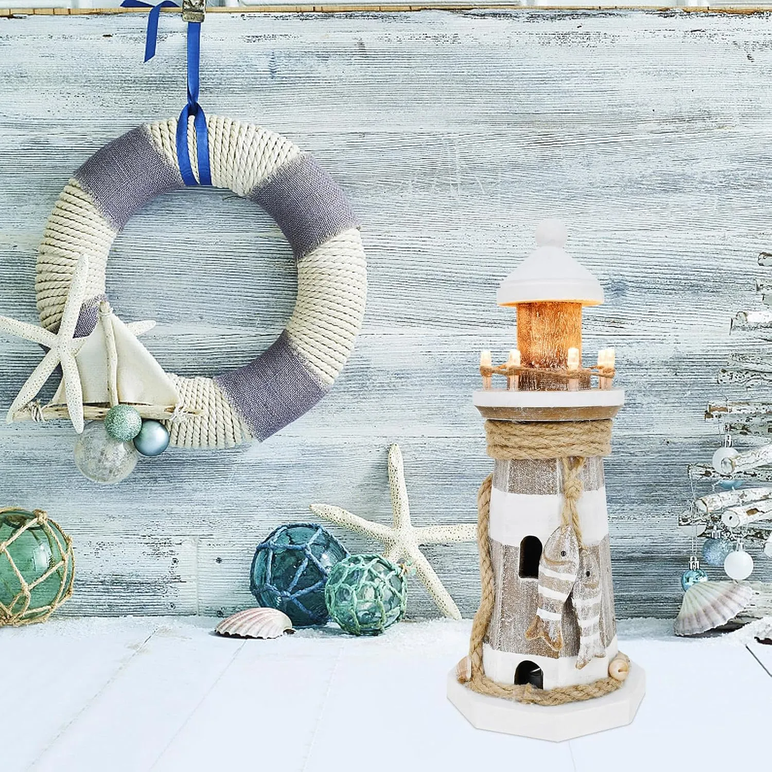 K KILIPES Beach Lighthouse for Bathroom Nautical Home Decor, 9" H LED Lighted Wood Light House Table Ornament Coastal Centerpiece Sculpture Ocean Decoration