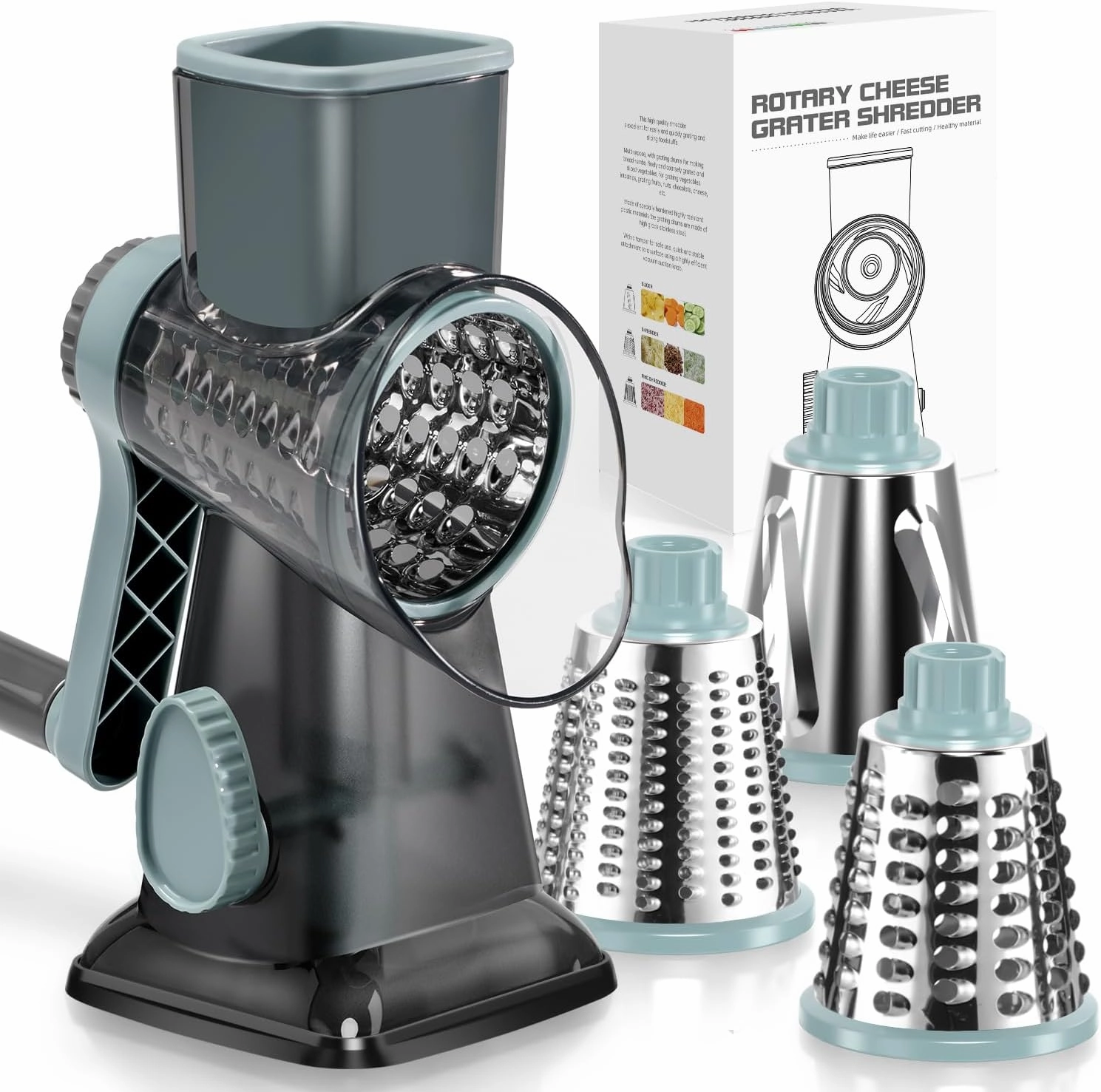 KEOUKE Rotary Cheese Grater Hand Crank Cheese Shredder Vegetable Mandoline Slicer for Kitchen 3 Changeable Blades for Cheese Potato Zucchini Nuts Chocolate - GreyBlue