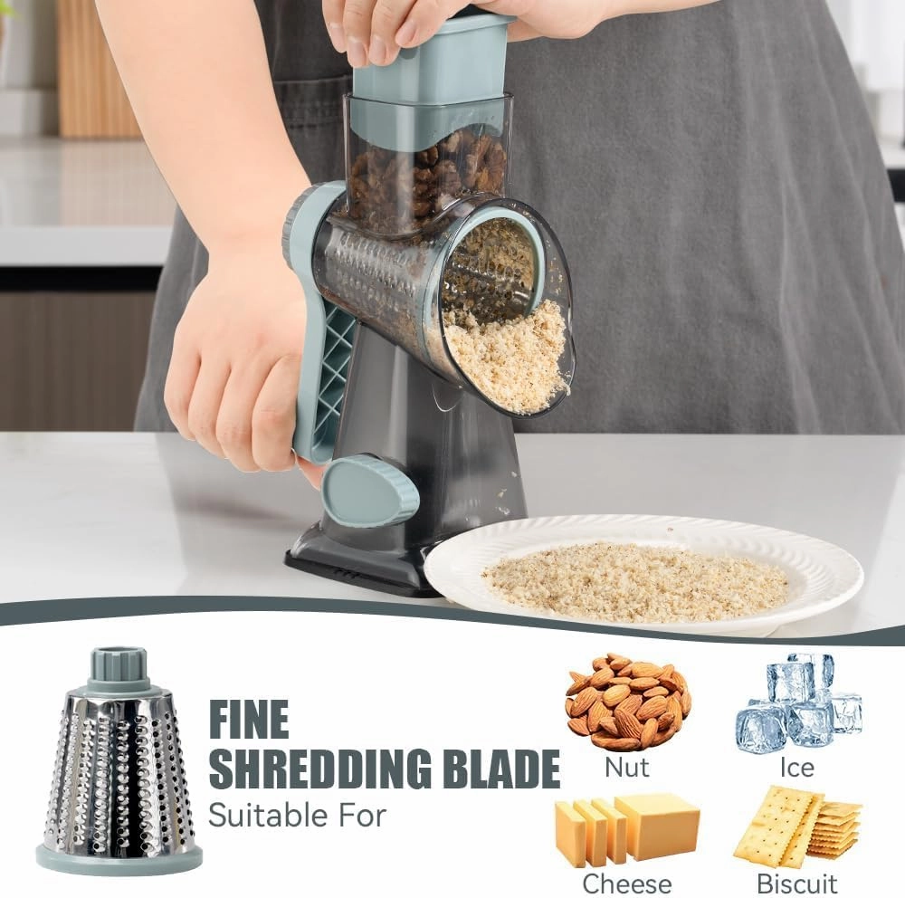 KEOUKE Rotary Cheese Grater Hand Crank Cheese Shredder Vegetable Mandoline Slicer for Kitchen 3 Changeable Blades for Cheese Potato Zucchini Nuts Chocolate - GreyBlue