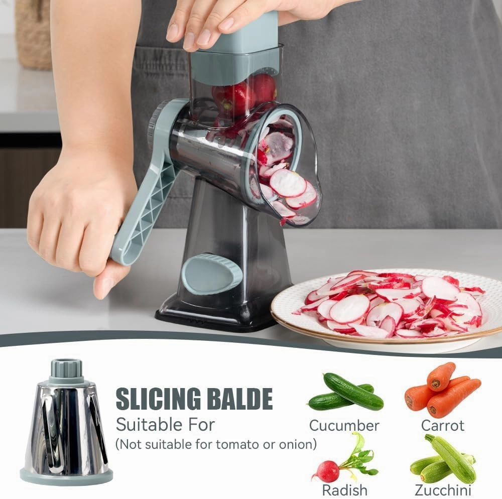 KEOUKE Rotary Cheese Grater Hand Crank Cheese Shredder Vegetable Mandoline Slicer for Kitchen 3 Changeable Blades for Cheese Potato Zucchini Nuts Chocolate - GreyBlue