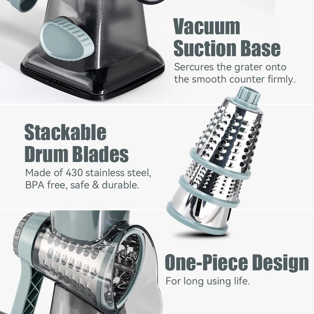 KEOUKE Rotary Cheese Grater Hand Crank Cheese Shredder Vegetable Mandoline Slicer for Kitchen 3 Changeable Blades for Cheese Potato Zucchini Nuts Chocolate - GreyBlue