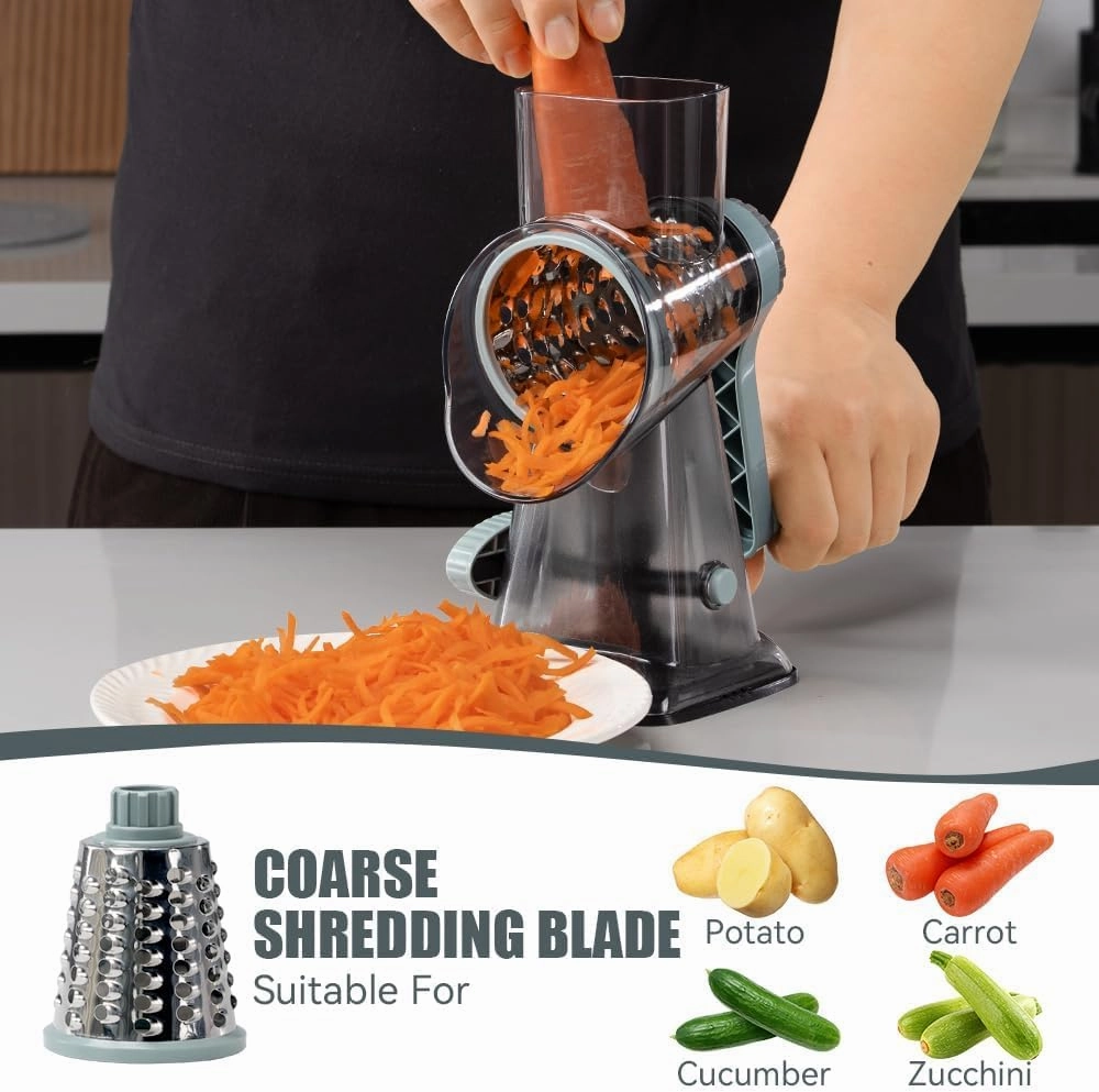 KEOUKE Rotary Cheese Grater Hand Crank Cheese Shredder Vegetable Mandoline Slicer for Kitchen 3 Changeable Blades for Cheese Potato Zucchini Nuts Chocolate - GreyBlue