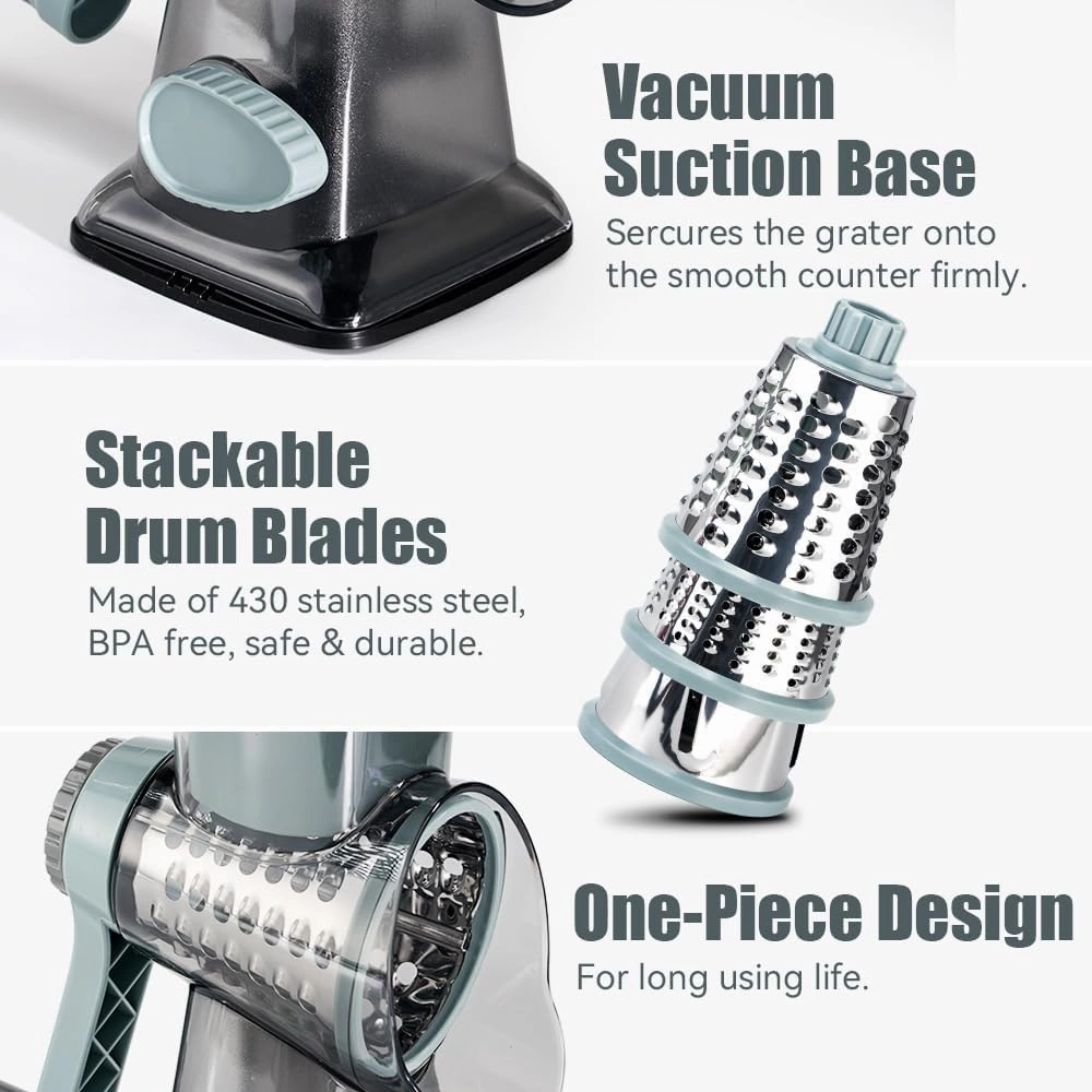 KEOUKE Rotary Cheese Grater Hand Crank Cheese Shredder Vegetable Mandoline Slicer for Kitchen 3 Changeable Blades for Cheese Potato Zucchini Nuts Chocolate - GreyBlue