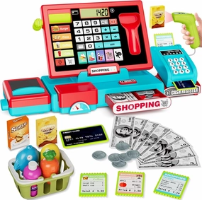 Kids Cash Register Toy Playset with Real Calculator, Toddler Pretend Play Store incl Scanner/Credit Card/Play Money/Conveyor/Food Toys, Learning Toys Gifts for Boys Ages 4-8 8-12, Red