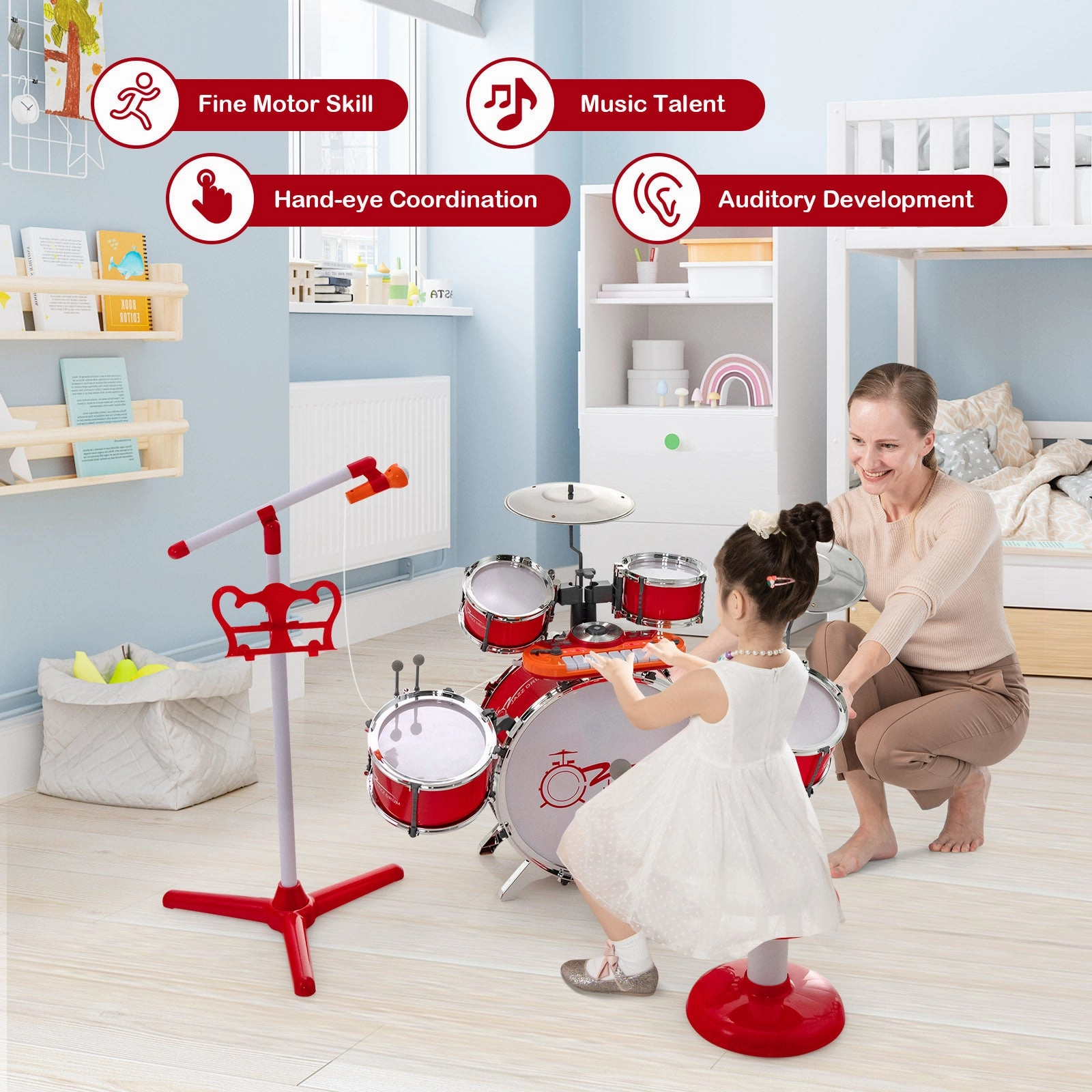 Kids Jazz Drum Keyboard Set with Stool and Microphone Stand-Red