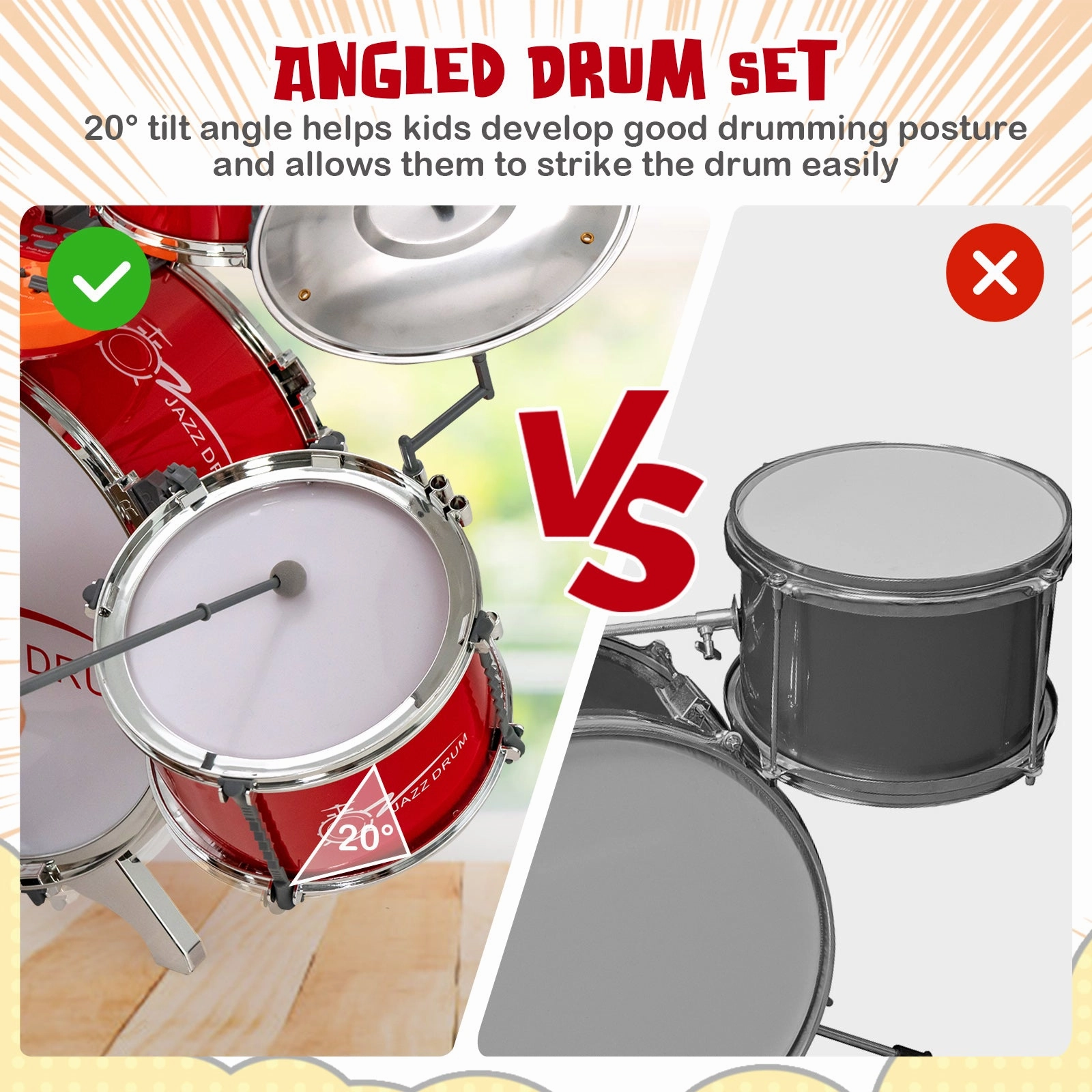Kids Jazz Drum Keyboard Set with Stool and Microphone Stand-Red