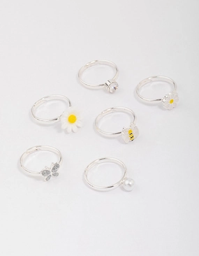 Kids Silver Daisy & Bumble Bee Ring 6-Pack