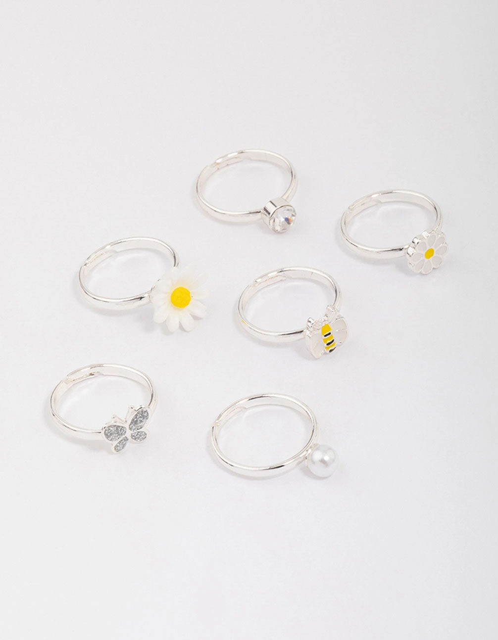 Kids Silver Daisy & Bumble Bee Ring 6-Pack