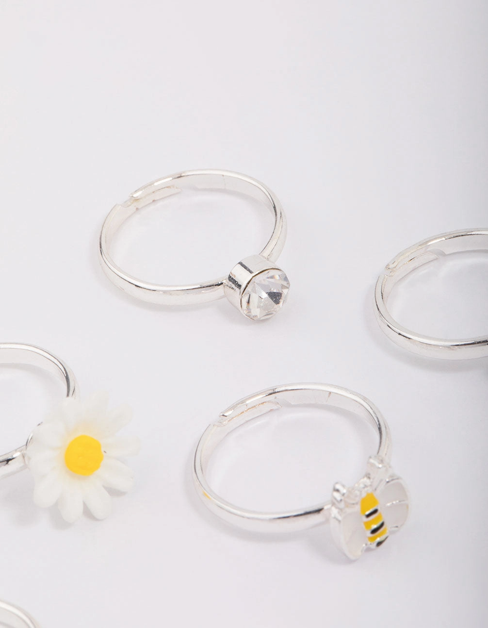 Kids Silver Daisy & Bumble Bee Ring 6-Pack