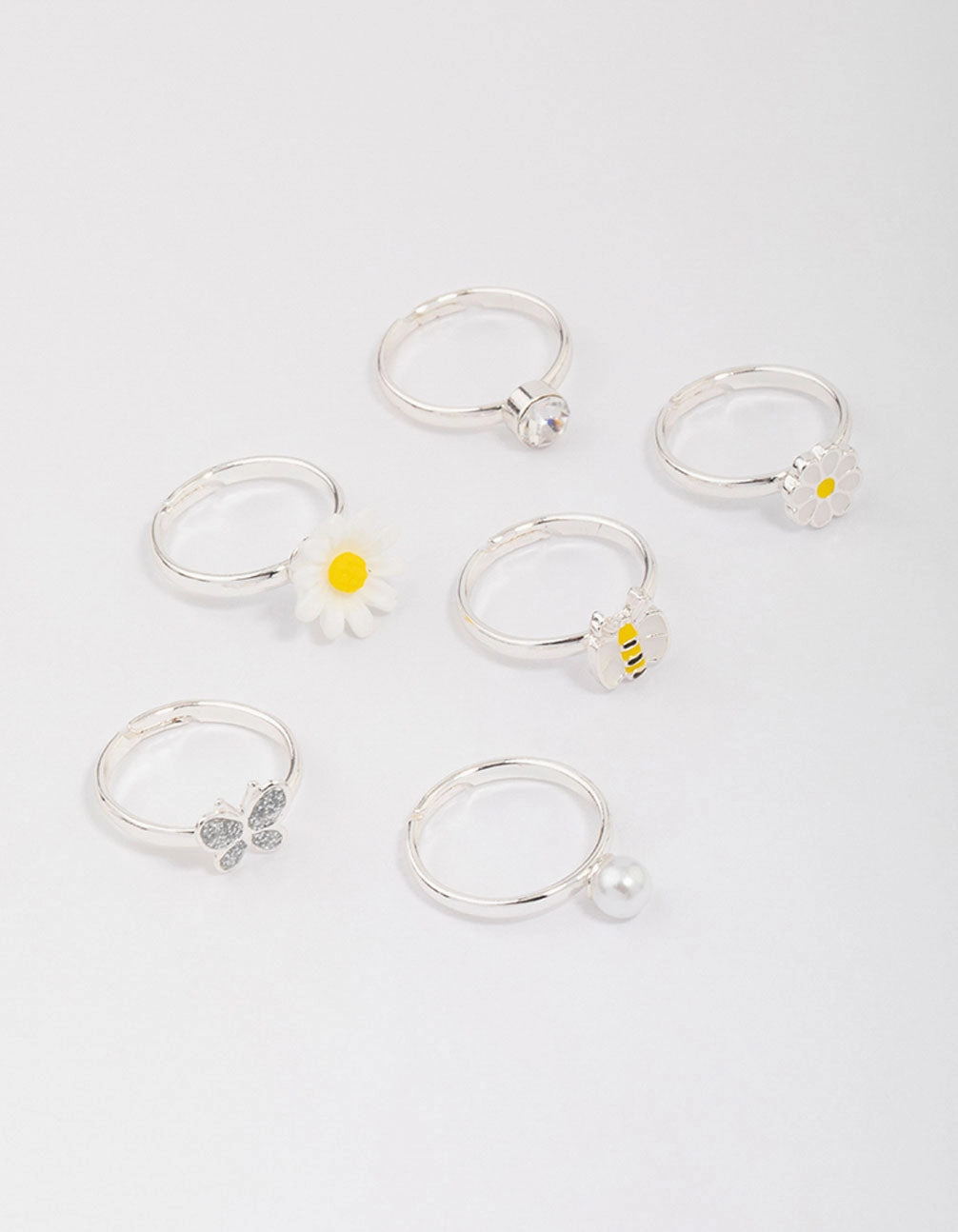 Kids Silver Daisy & Bumble Bee Ring 6-Pack