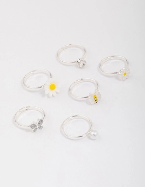 Kids Silver Daisy & Bumble Bee Ring 6-Pack